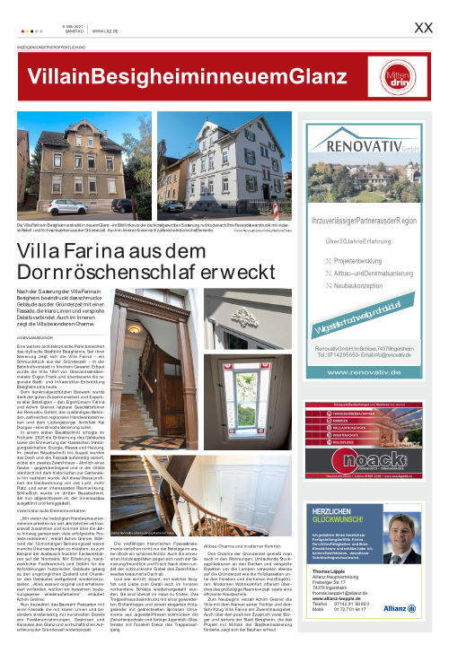 Bericht der LKZ über die Villa Farina in Besigheim